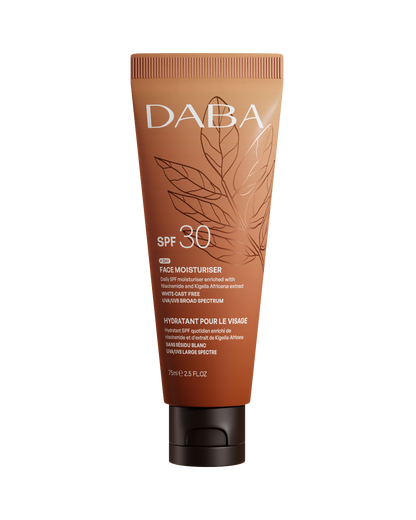 Daba SPF 30 face moisturizer tube on a white background